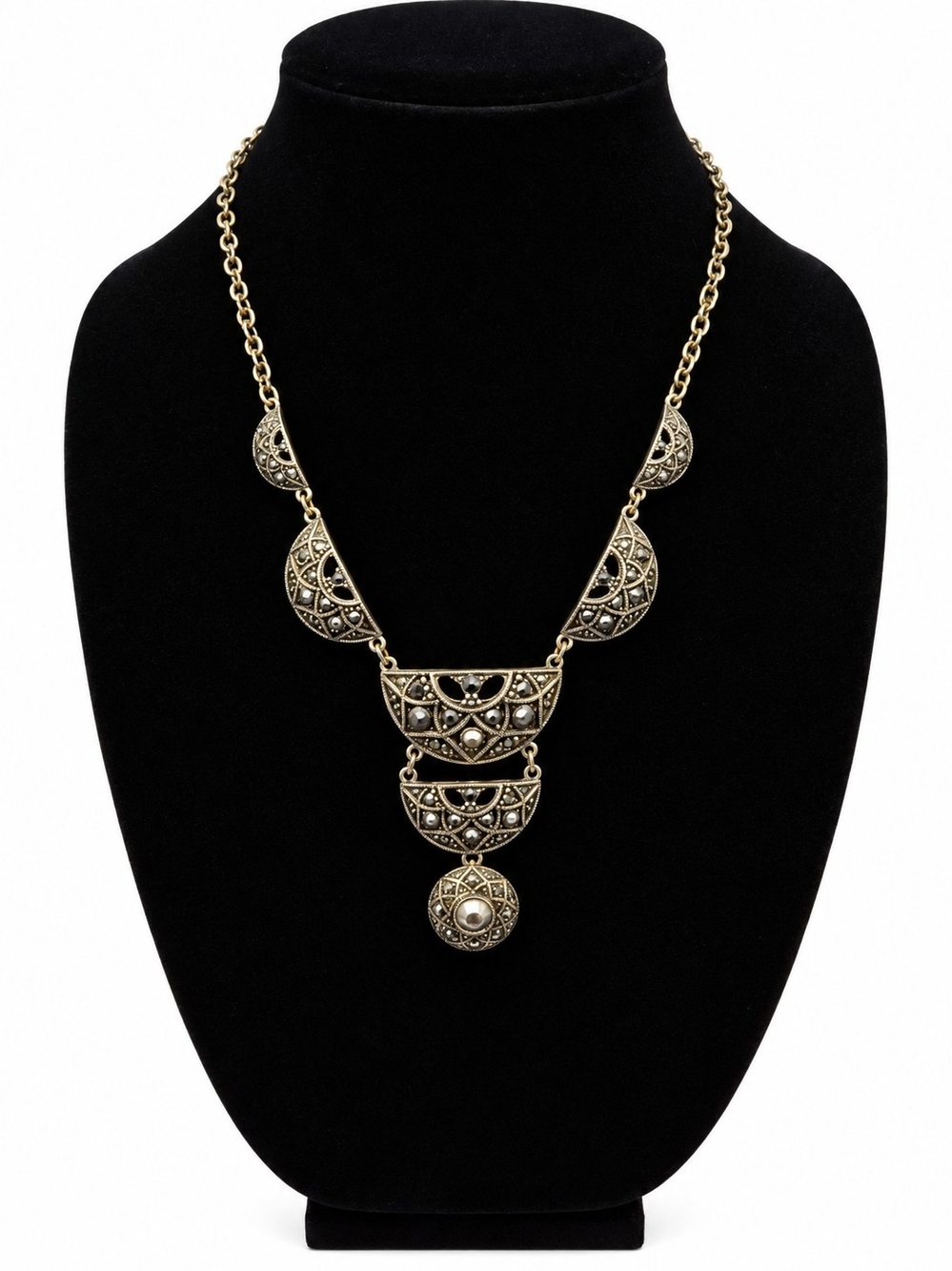 Signed GV9 Pendant Necklace, Gold Tone Metal, Crystals, Very Detailed